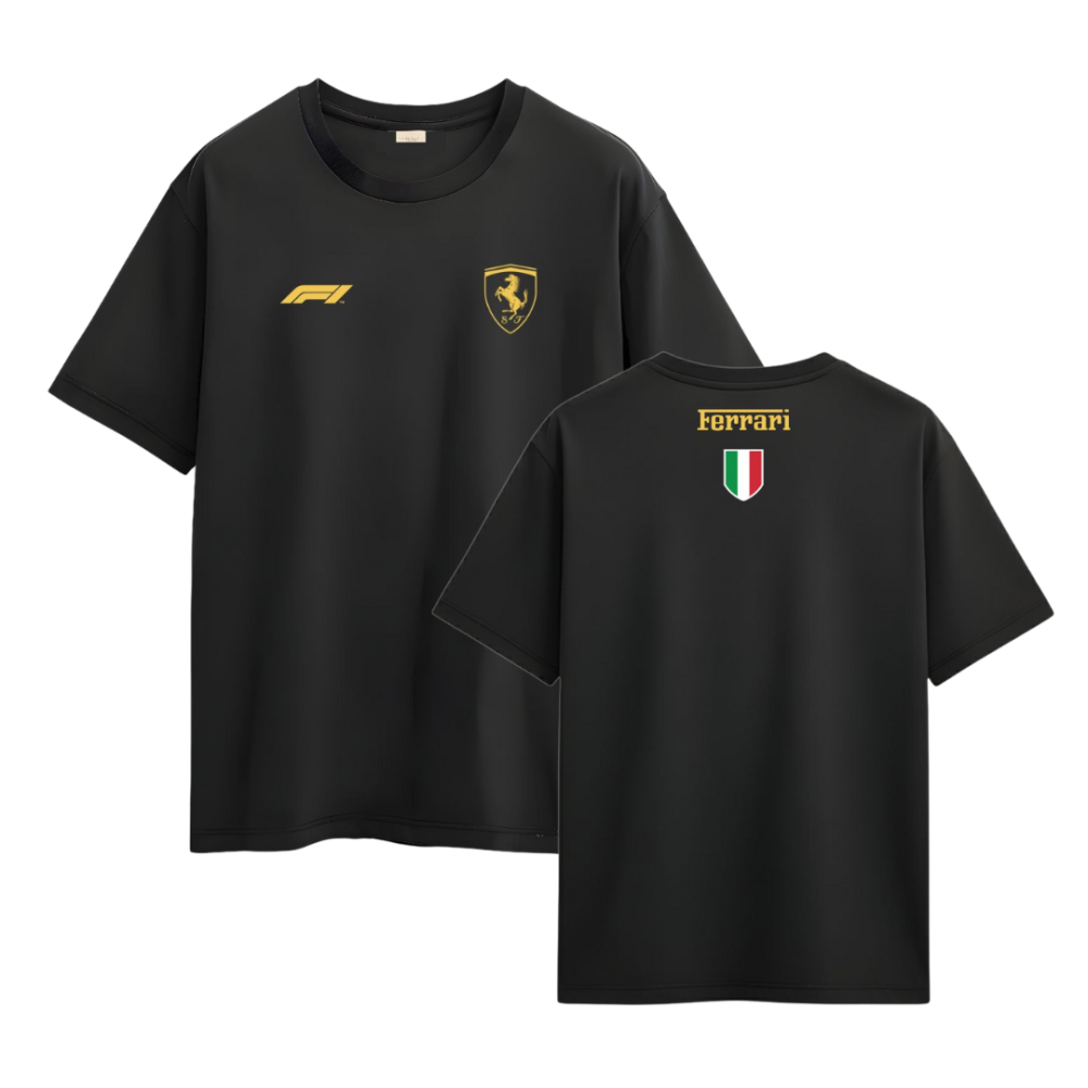 Camiseta Ferrari Basic Preto Ouro Algodão/Poliviscose