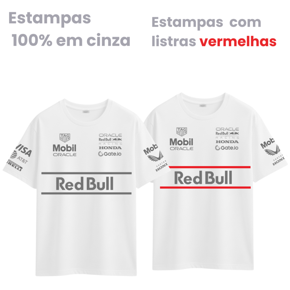 Camiseta Red Bull Racing 100% algodão penteada 2025 Gray&White