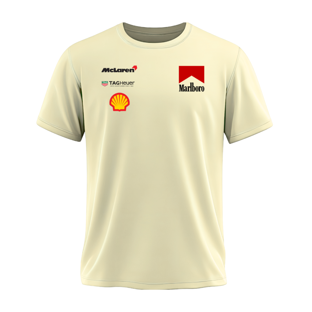 Camiseta Retrô Clássic McLaren/Marlboro 1990 OFF White 100% algodão
