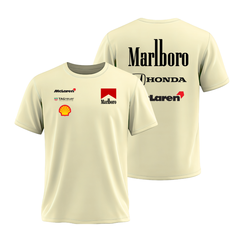 Camiseta Retrô Clássic McLaren/Marlboro 1990 OFF White 100% algodão